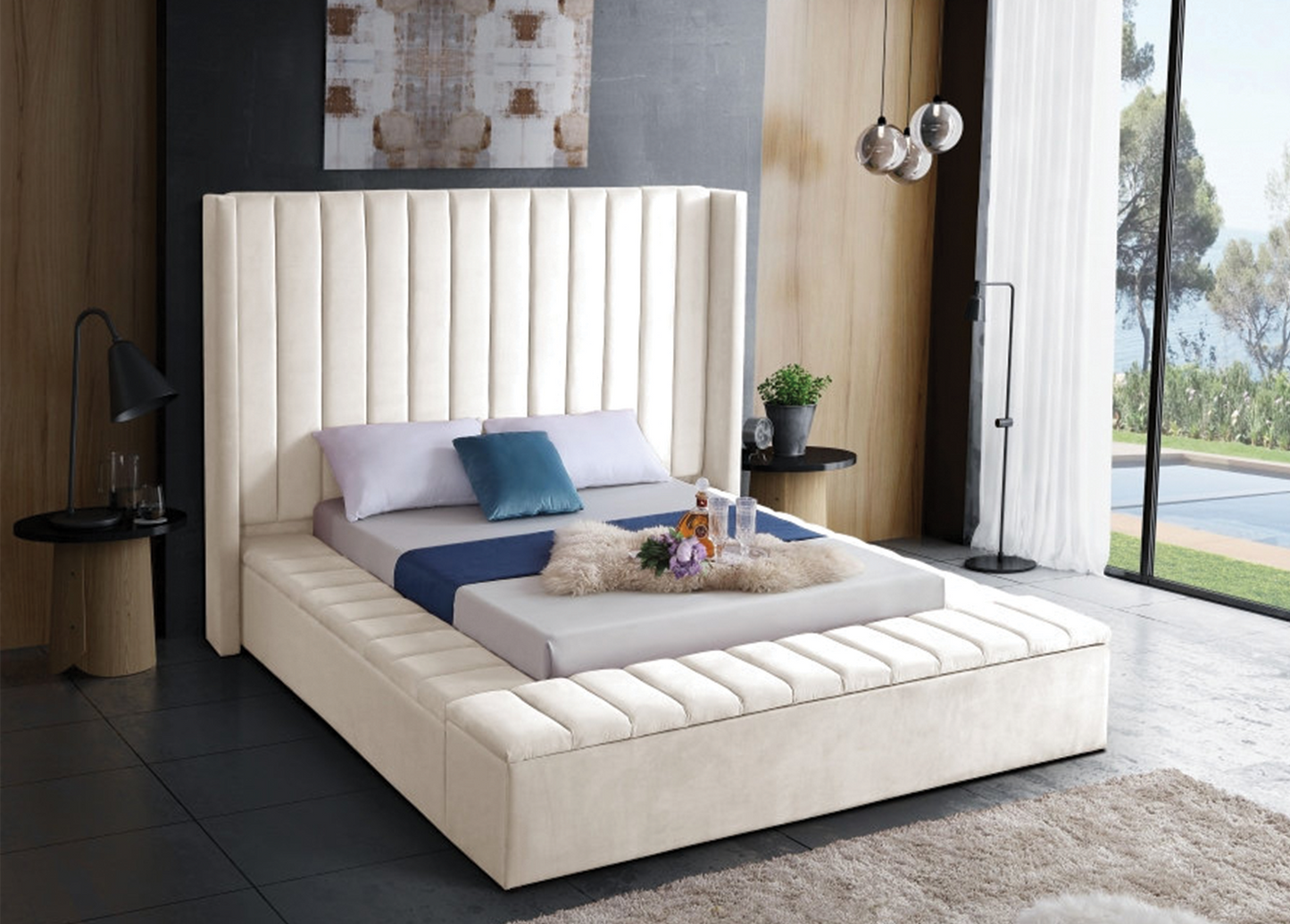 Beige Velvet Storage Bed 5723