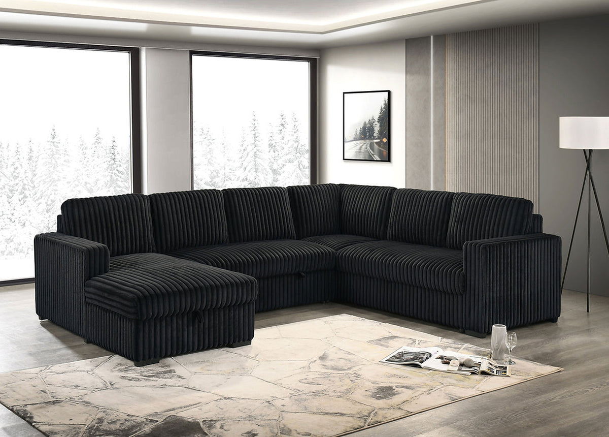 Relaxer Pull Out Sectional Sofa Bed Black Corduroy