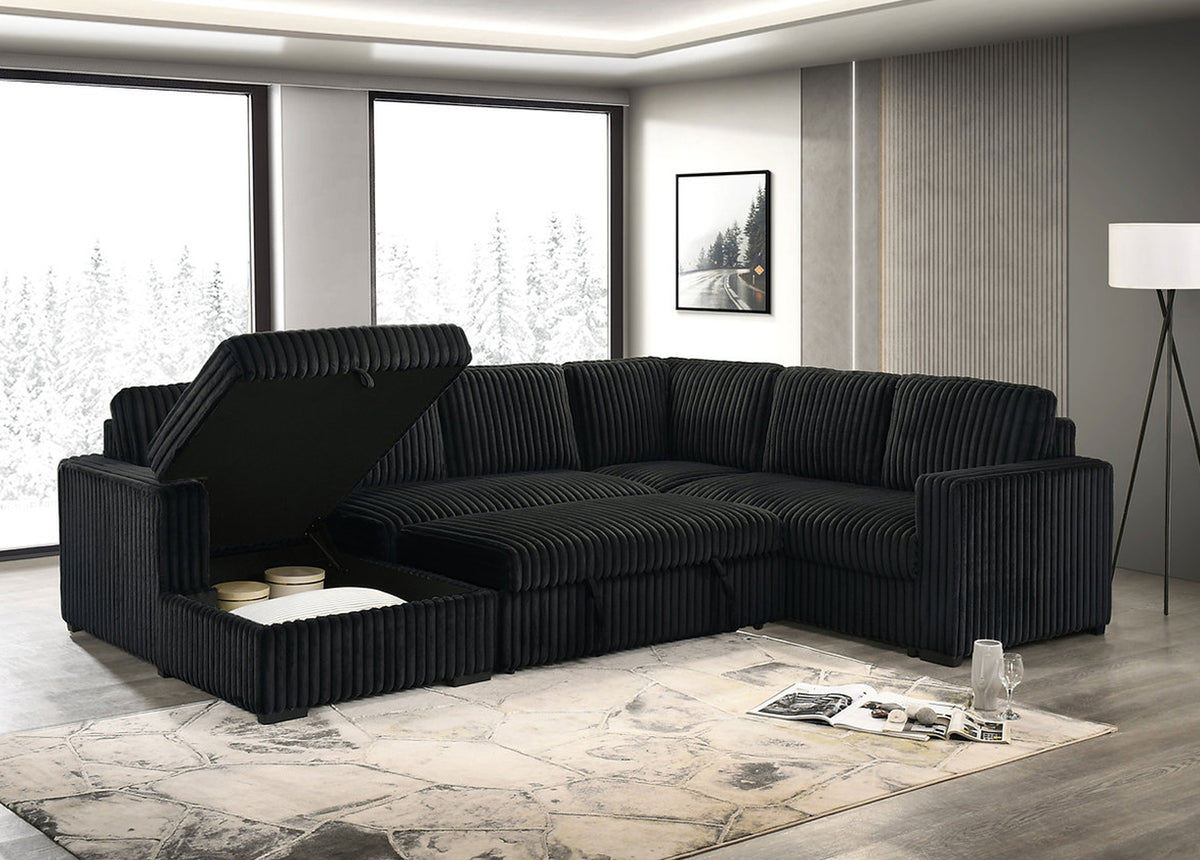 Relaxer Pull Out Sectional Sofa Bed Black Corduroy