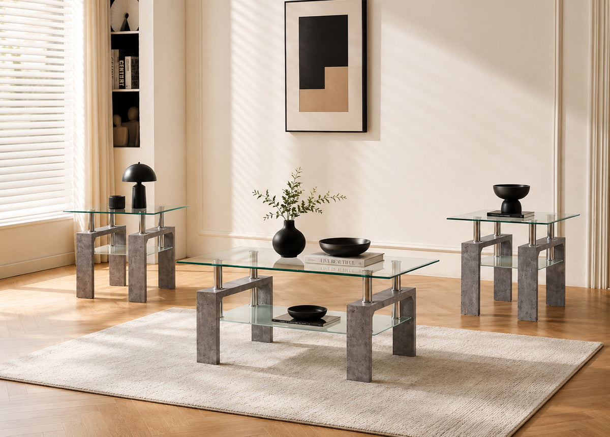SM 2061 GLASS OCCASIONAL TABLE GREY FAUX MARBLE