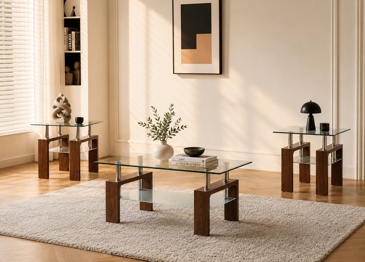 SM 2065 GLASS OCCASIONAL TABLE WALNUT BROWN